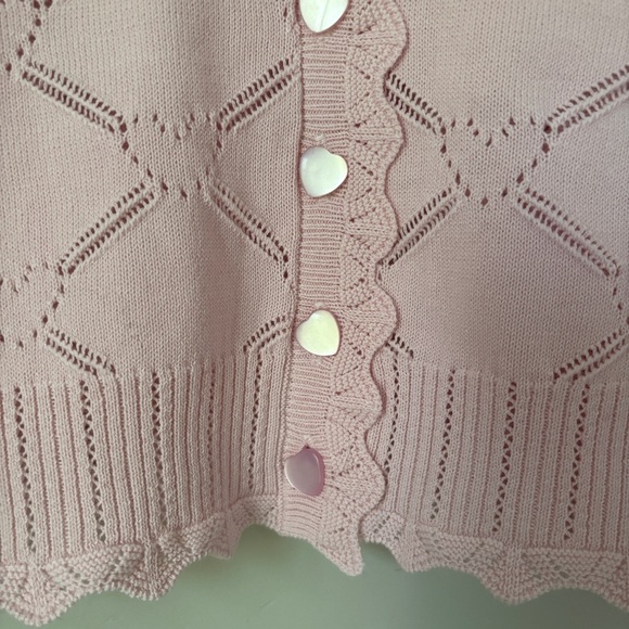 NWT LoveShackFancy Petra Knit Pointelle Heart Argyle Cardigan Velour Pink | S - Picture 7 of 11